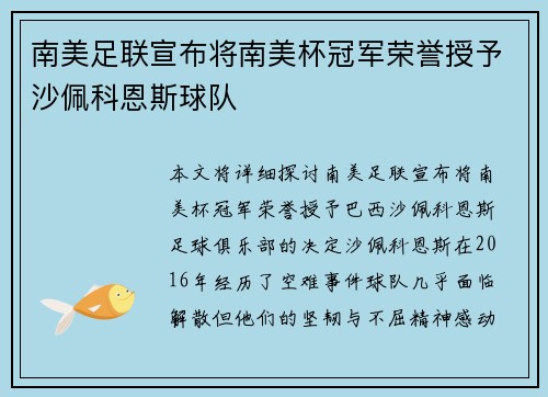 南美足联宣布将南美杯冠军荣誉授予沙佩科恩斯球队 南美足联宣布将南美杯冠军荣誉授予沙佩科恩斯球队