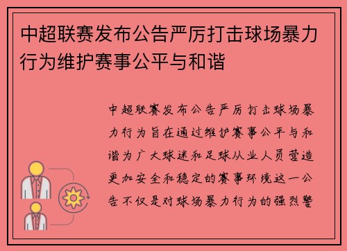 中超联赛发布公告严厉打击球场暴力行为维护赛事公平与和谐