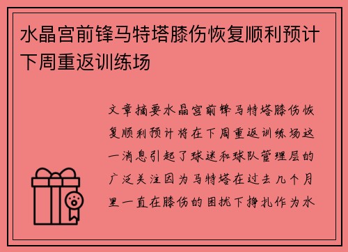 水晶宫前锋马特塔膝伤恢复顺利预计下周重返训练场